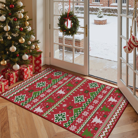 Noelle Christmas Washable Snowflake  Belgian Velvet Rug