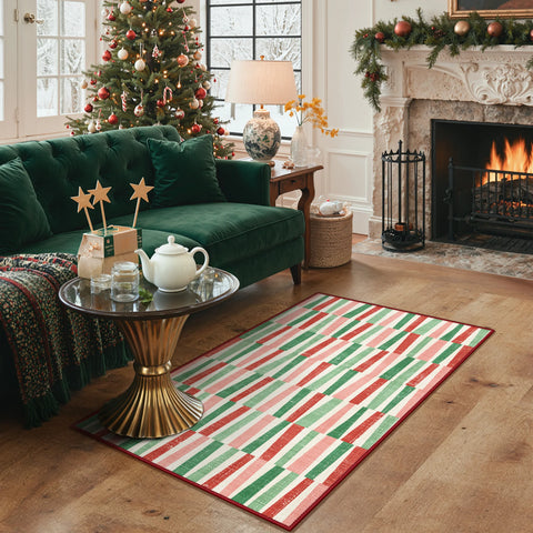 Caelum Christmas Washable Abstract Ribbon Green Rug
