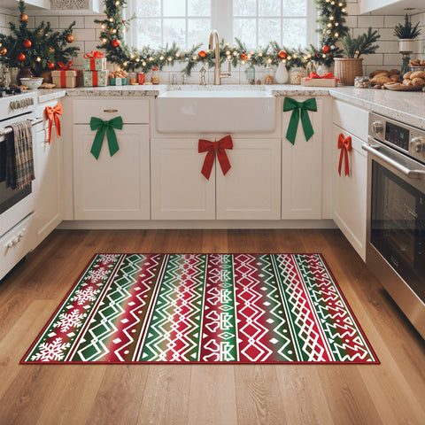 Elowen Christmas Washable Abstract Tree and Bells Green Rug