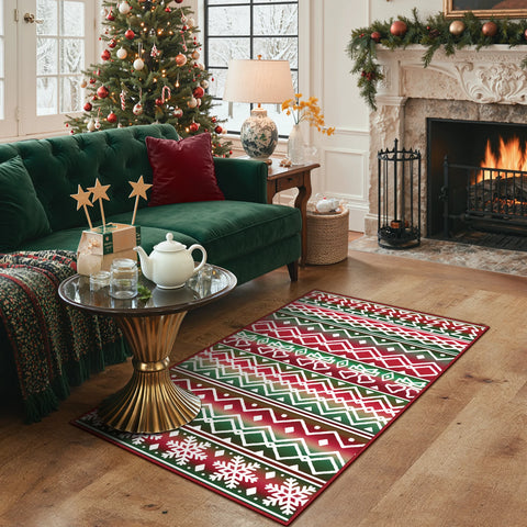 Elowen Christmas Washable Abstract Tree and Bells Green Rug