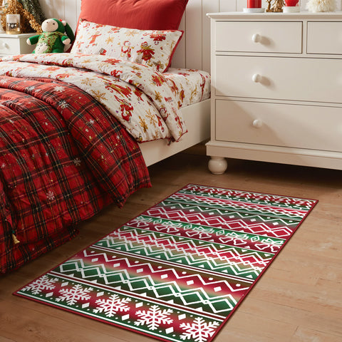 Elowen Christmas Washable Abstract Tree and Bells Green Rug