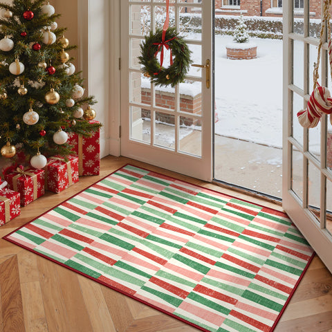 Caelum Christmas Washable Abstract Ribbon Green Rug
