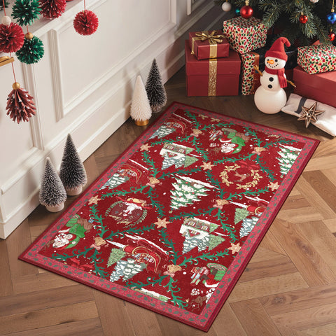 Aurora Christmas Washable Santa Sleigh and Reindeer Belgian Velvet Rug