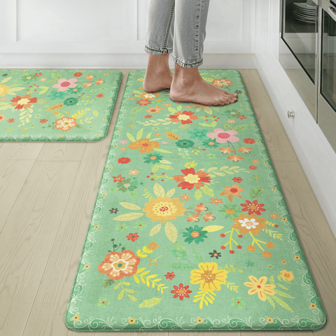 GENIMO 2Pcs Anti Fatigue Padded Kitchen Mats for Floor Floral Printed Washable Runner Rugs