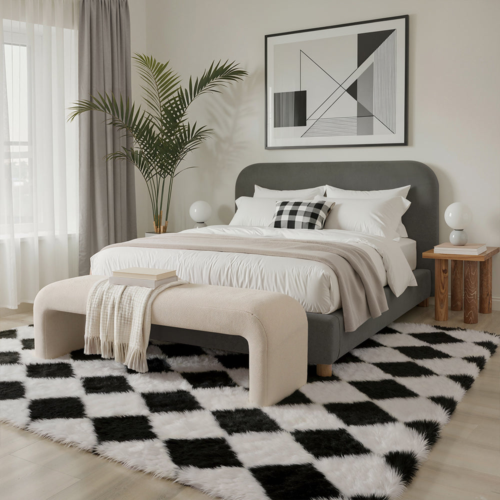 Haven Checkered Fluffy Shag Rug in Black & White | GENIMO