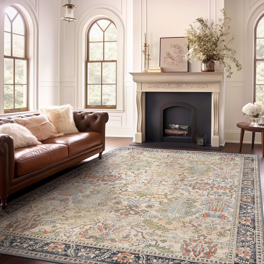 Azmira Vintage Persian Floral Rug in Ivory & Teal | GENIMO