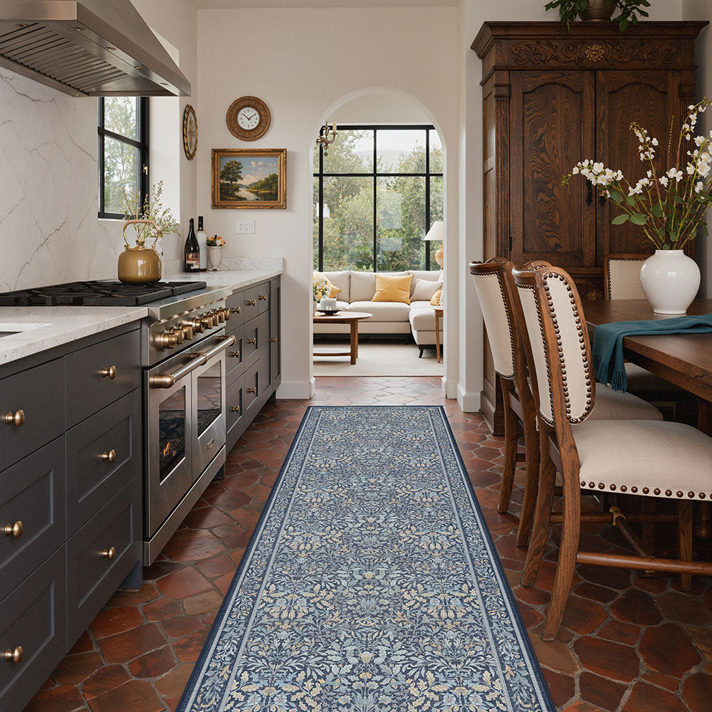 Runa Washable Vintage Floral Print Blue Rugs – GENIMO