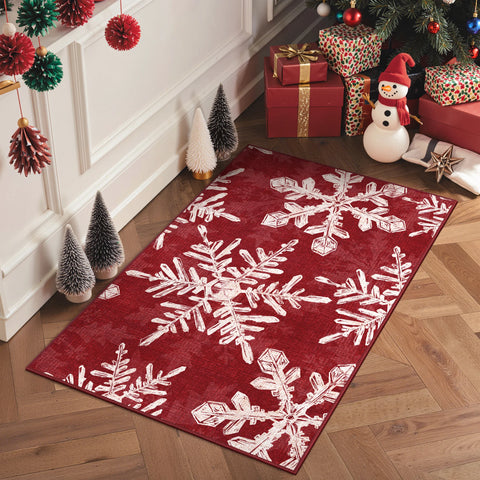 Elaria Christmas Washable Snowflake Red Belgian Velvet Rug