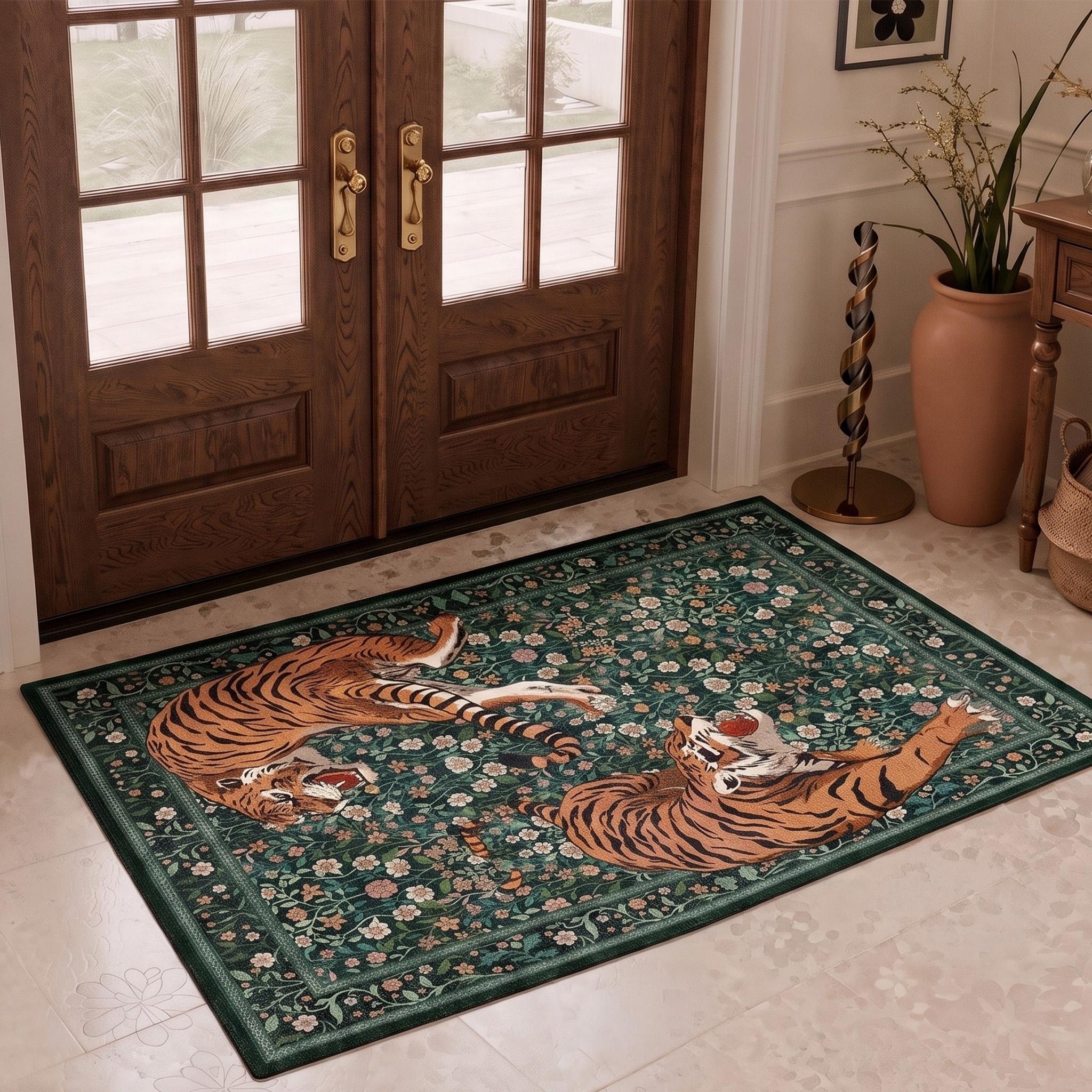 Amara Natural Wild Tiger Washable Rug in Green | GENIMO
