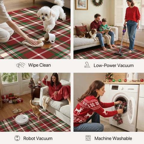 Valence Christmas Washable Classic Checkerboard Belgian Velvet Rug Green and Red