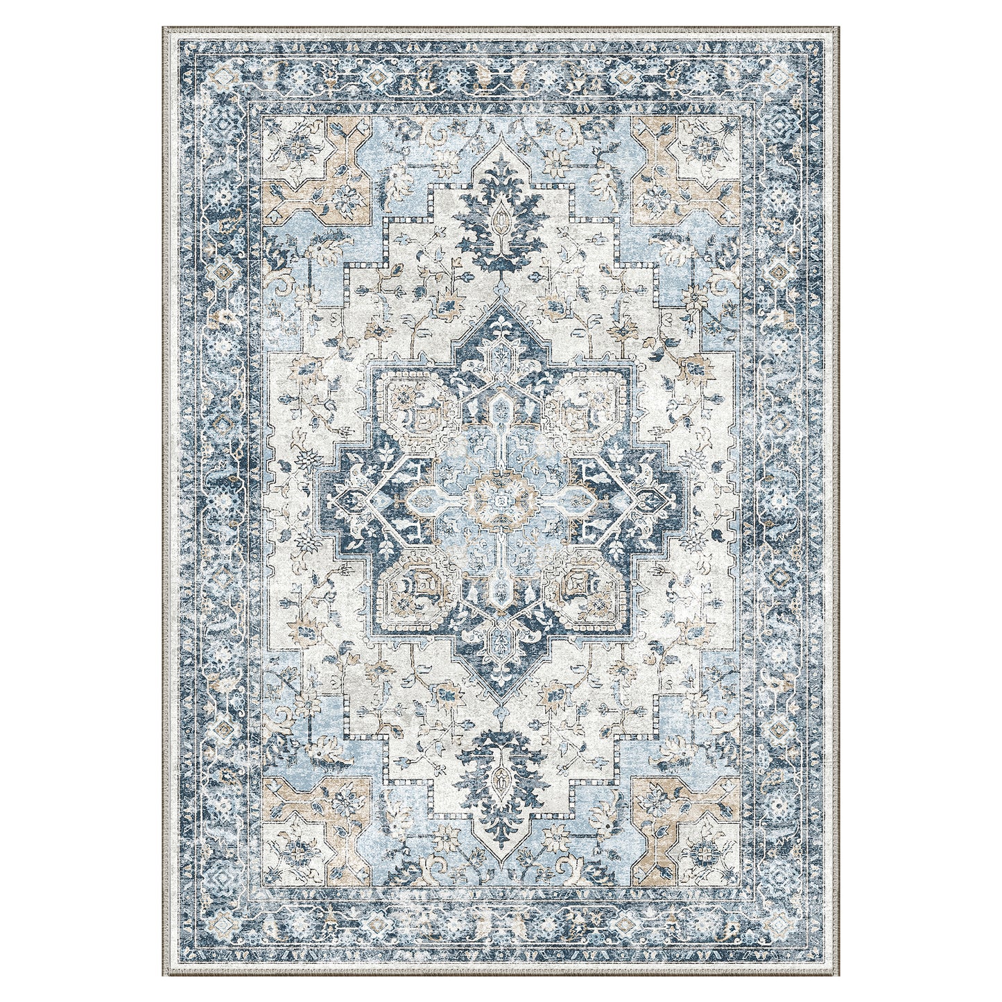 GENIMO Area Rug Machine Washable Distressed Vintage Print Blue