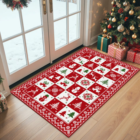 Evral Christmas Washable Wreath Tree Plaid Red Belgian Velvet Rug