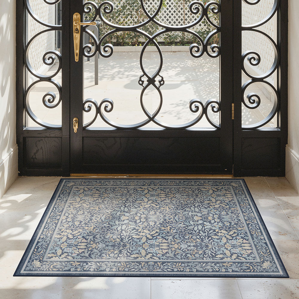 Runa Washable Vintage Floral Print Blue Rugs – GENIMO