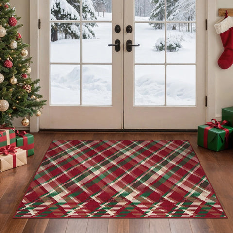 Valence Christmas Washable Classic Checkerboard Belgian Velvet Rug Colorful