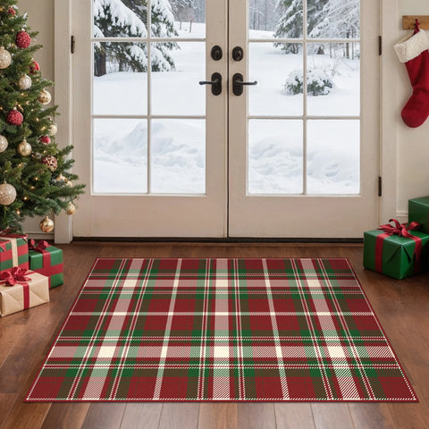 Valence Christmas Washable Classic Checkerboard Belgian Velvet Rug Green and Red