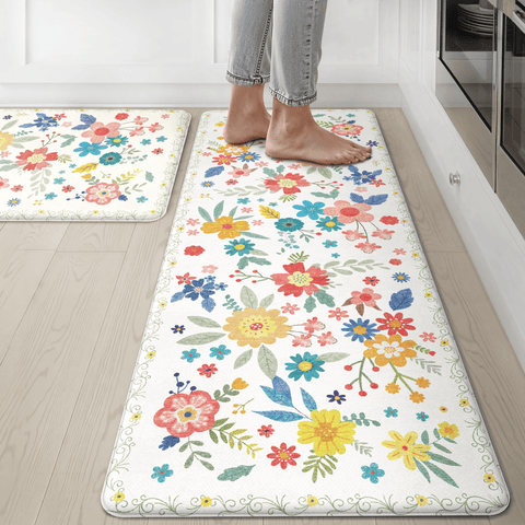 GENIMO 2Pcs Anti Fatigue Padded Kitchen Mats for Floor Floral Printed Washable Runner Rugs
