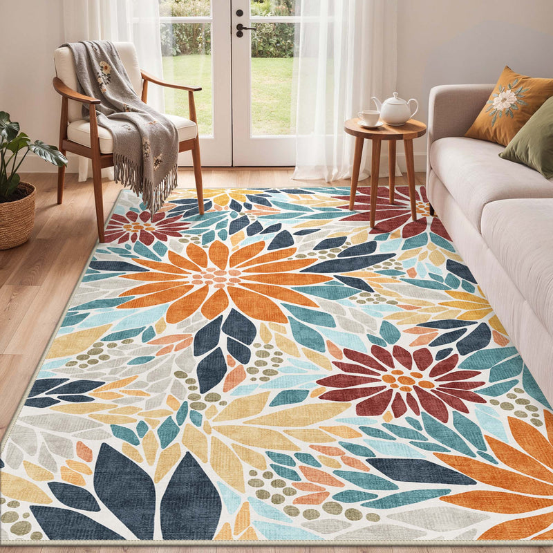 Solara Waterproof Modern Blooming Floral Rug on wood flooring in bright living room with mid-century furniture