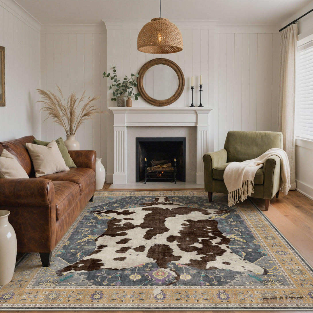 Terra Washable Farmhouse Tufted Cow Brown Blue Rug Low Pile Kid & Pet ...