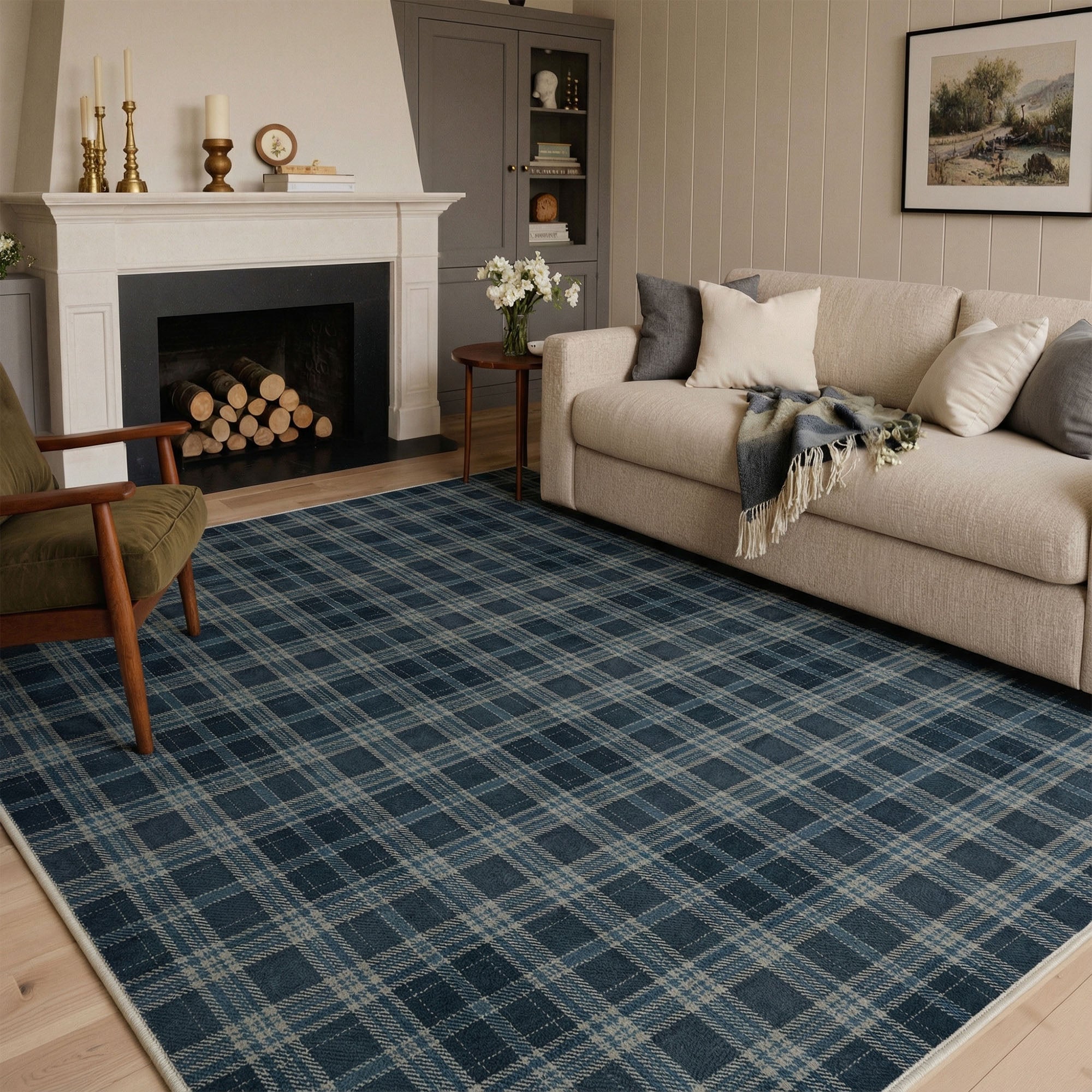 Valence Classic Checkered Plaid Washable Rug in Blue | GENIMO