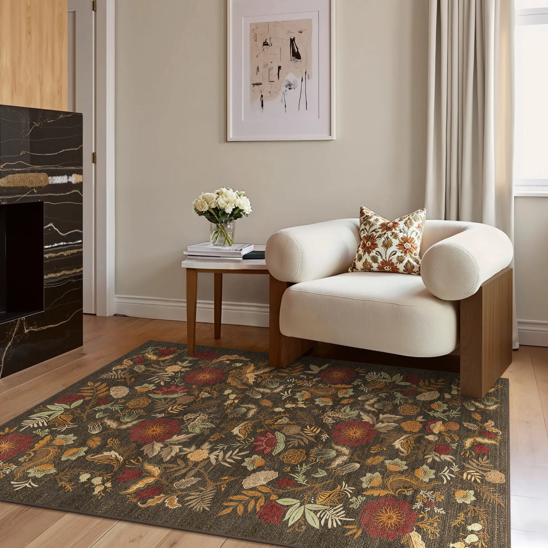 2nd Rug Liora Modern Forest Floral Washable Rug in Brown | GENIMO