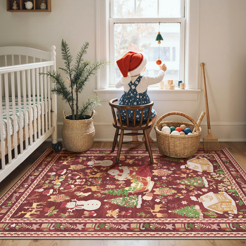 Alaric Christmas Washable Red Rugs with Santa and Pine