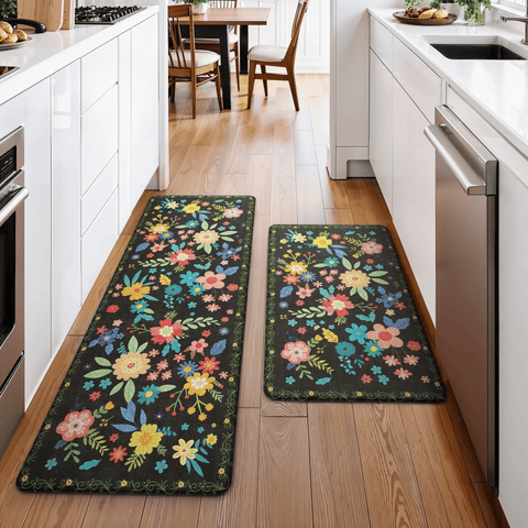 GENIMO 2Pcs Anti Fatigue Padded Kitchen Mats for Floor Floral Printed Washable Runner Rugs