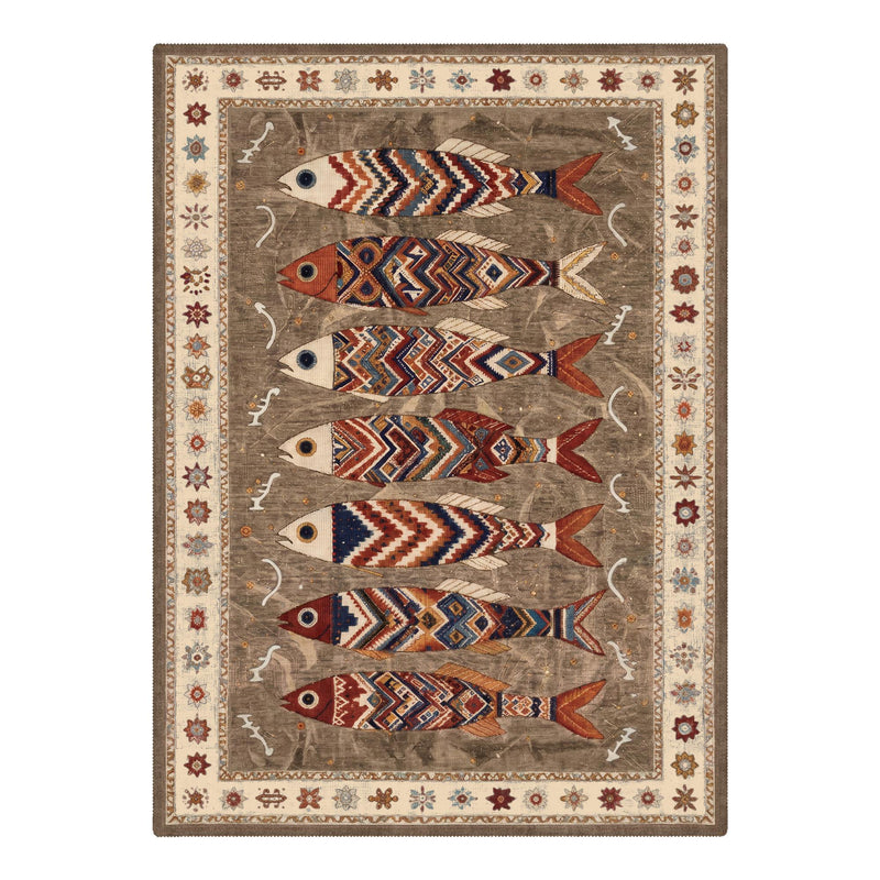 Orfin Washable Bohemian Vintage Fish Tan Rug with stylized fish and geometric patterns in red, blue, and cream