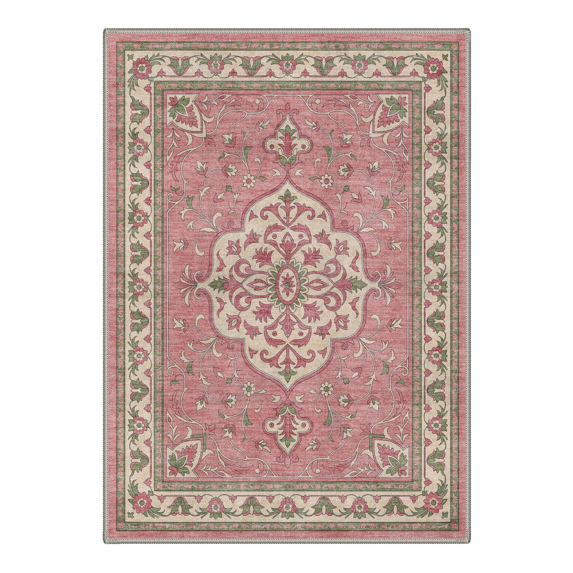 Darius Vintage Persian Pink & Green Rug - Washable & Non-Slip | GENIMO