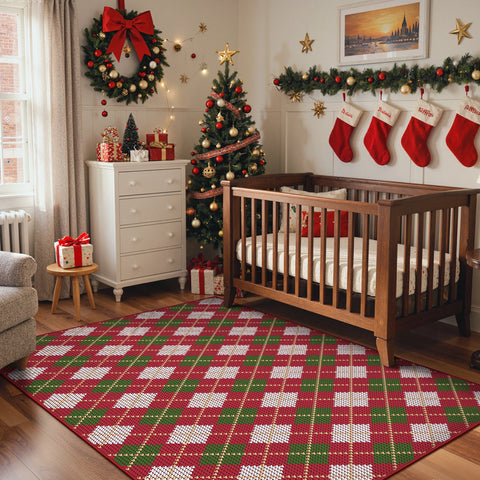 Althea Christmas Checkered Washable Belgian Velvet Rug