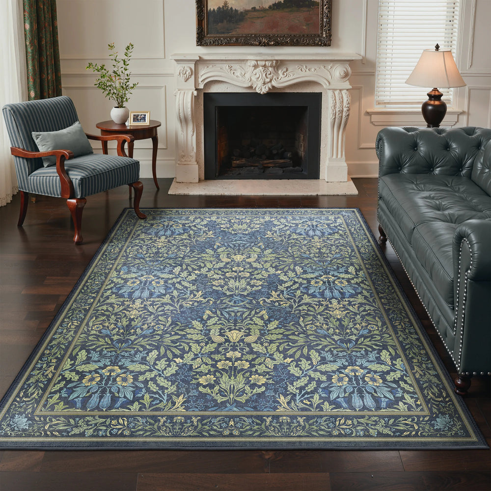 Runa Washable Vintage Floral Print Blue Rugs – GENIMO