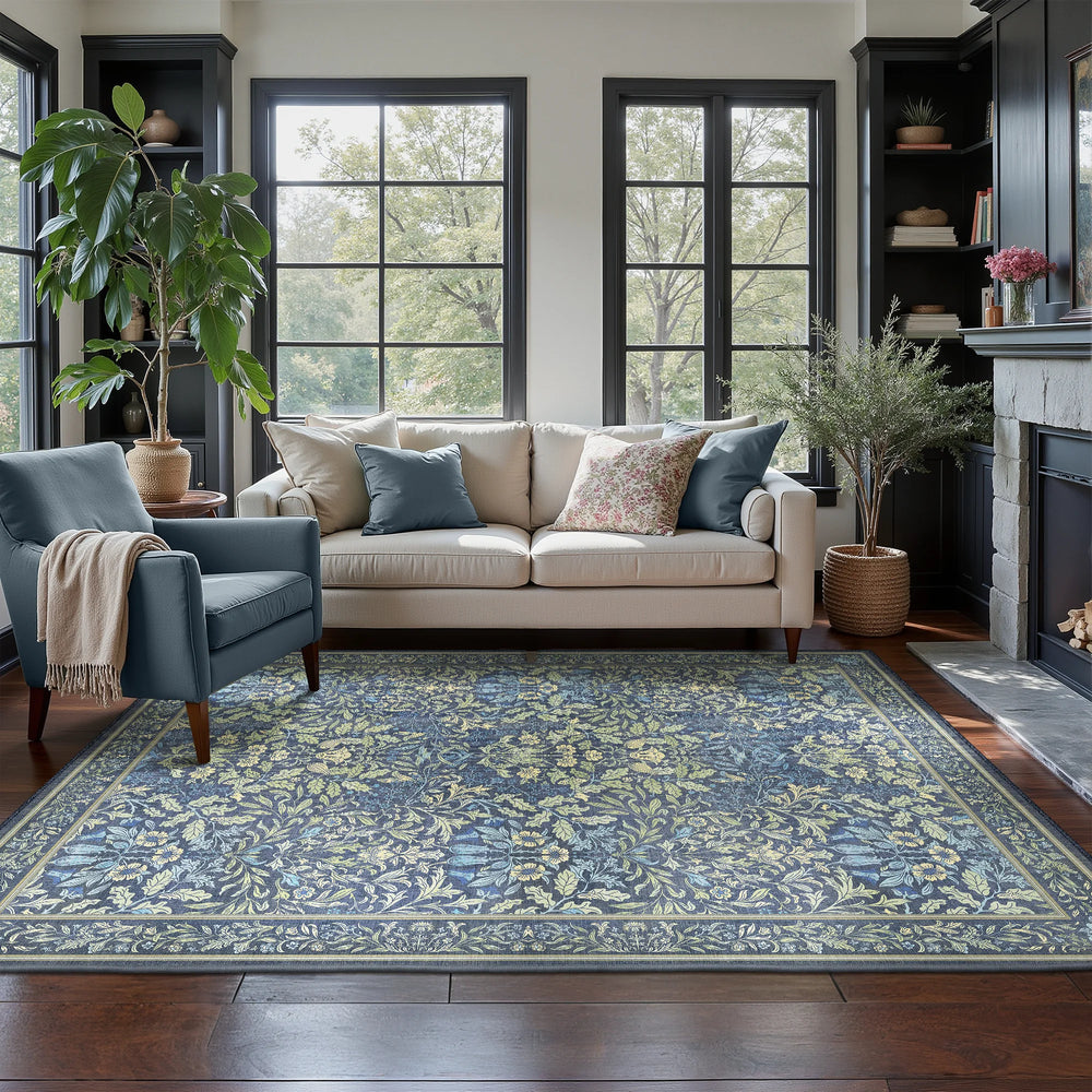 Runa Washable Vintage Floral Print Blue Rugs – GENIMO