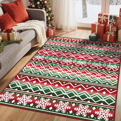 Elowen Christmas Washable Abstract Tree and Bells Green Rug