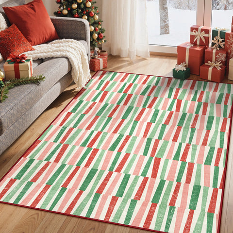 Caelum Christmas Washable Abstract Ribbon Green Rug