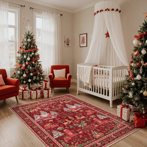 Mirrel Christmas Washable Red Rug with Winter Snow House