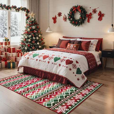 Elowen Christmas Washable Abstract Tree and Bells Green Rug