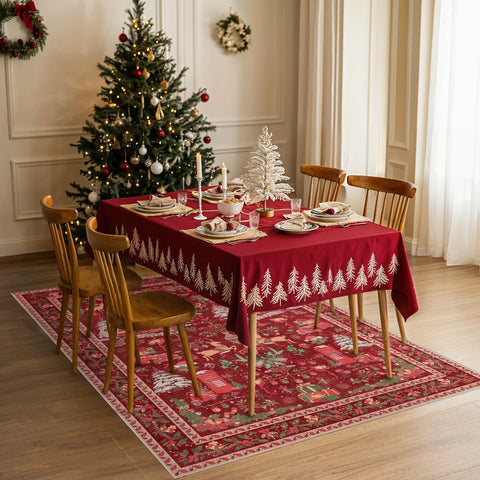 Mirrel Christmas Washable Red Rug with Winter Snow House