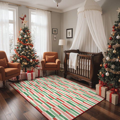 Caelum Christmas Washable Abstract Ribbon Green Rug