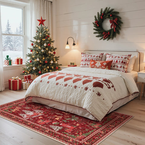 Mirrel Christmas Washable Red Rug with Winter Snow House