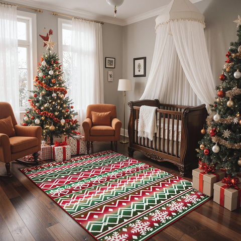 Elowen Christmas Washable Abstract Tree and Bells Green Rug