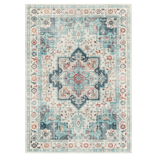 GENIMO Area Rug Machine Washable Distressed Vintage Print Turquoise