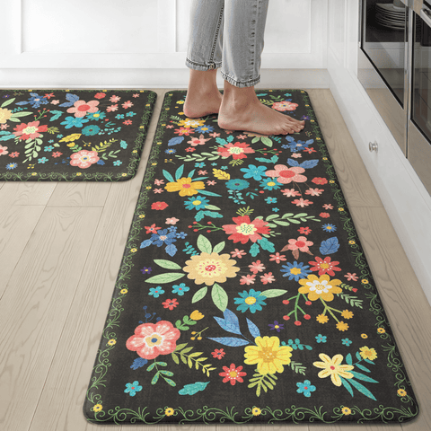 GENIMO 2Pcs Anti Fatigue Padded Kitchen Mats for Floor Floral Printed Washable Runner Rugs