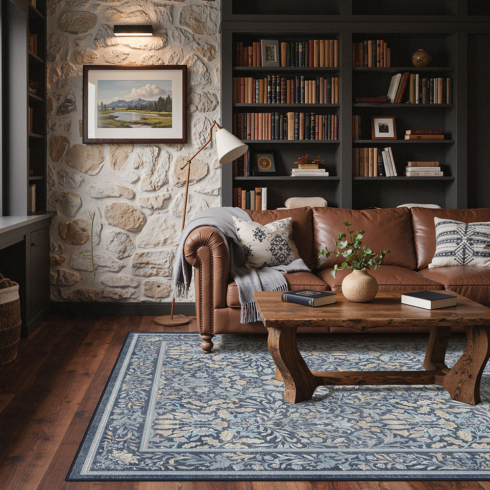 Runa Washable Vintage Floral Print Blue Rugs – GENIMO