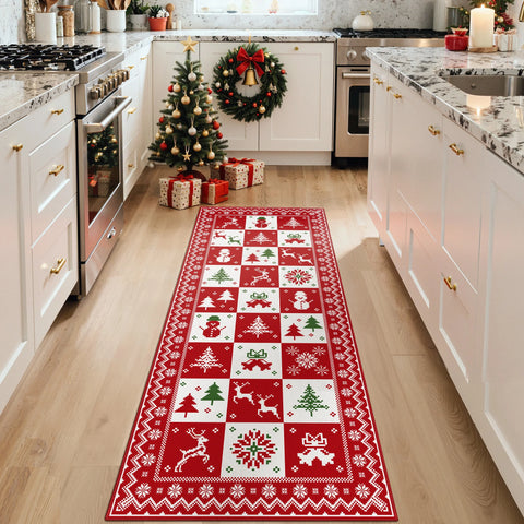 Evral Christmas Washable Wreath Tree Plaid Red Belgian Velvet Rug