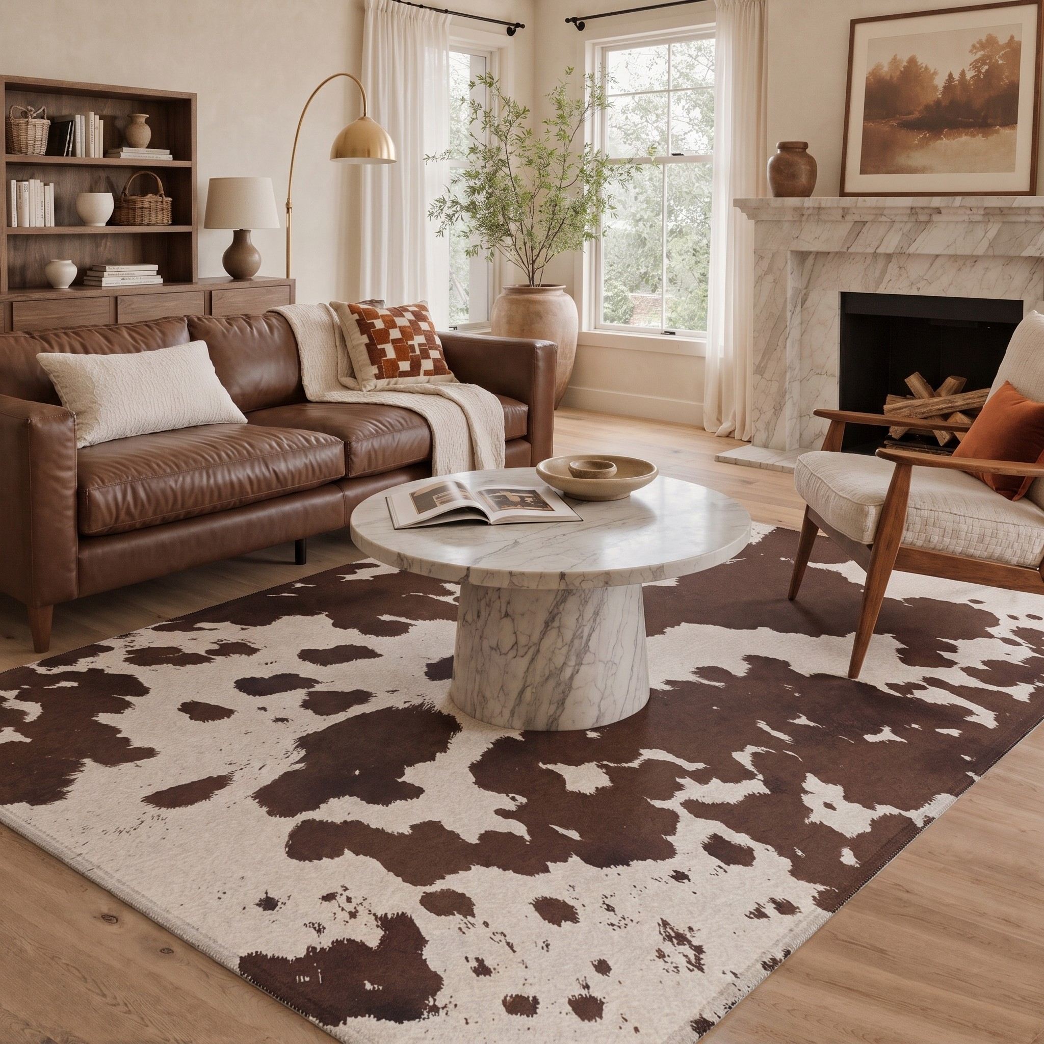 Tero Modern Farmhouse Cow Print Washable Rug in Brown | GENIMO