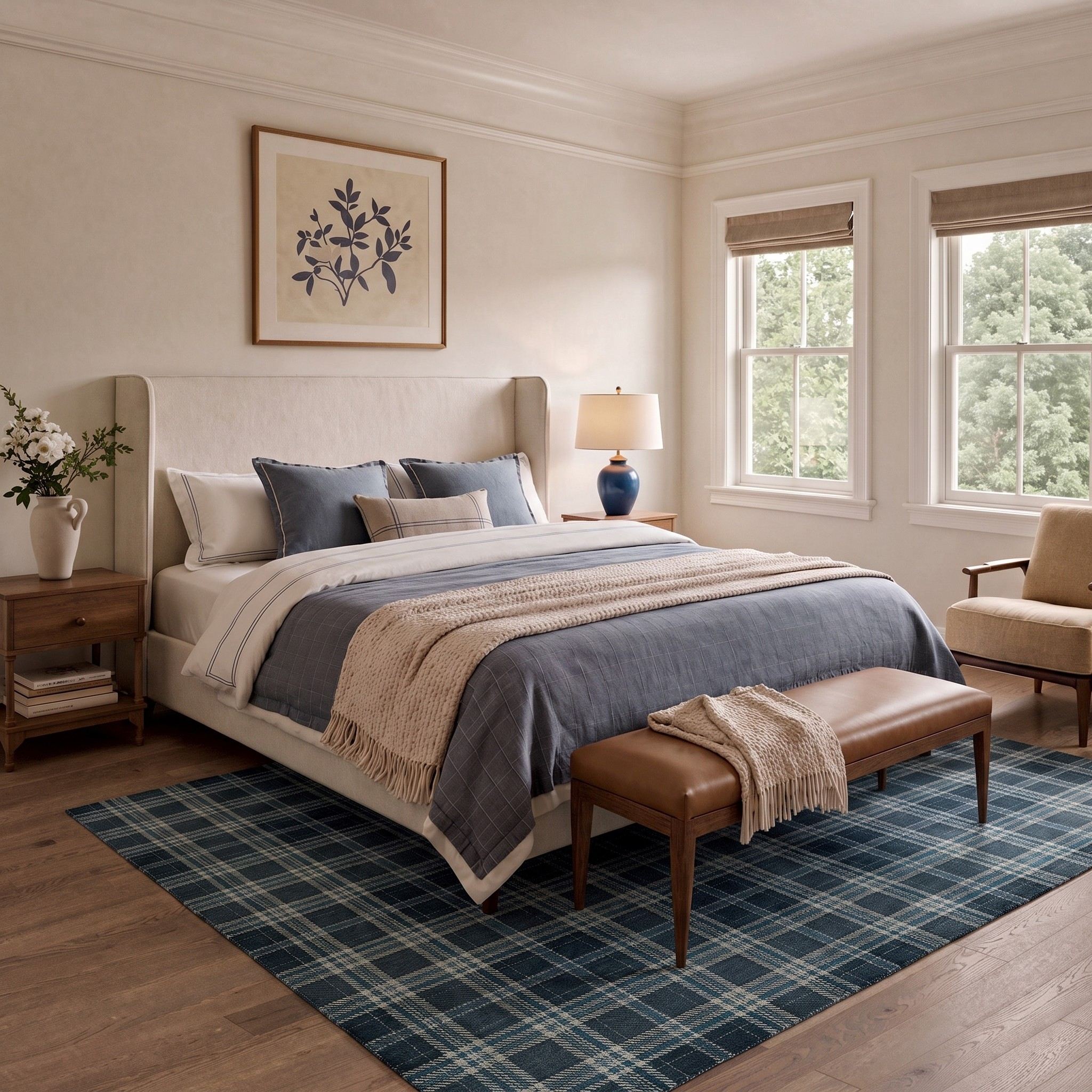 Valence Classic Checkered Plaid Washable Rug in Blue | GENIMO