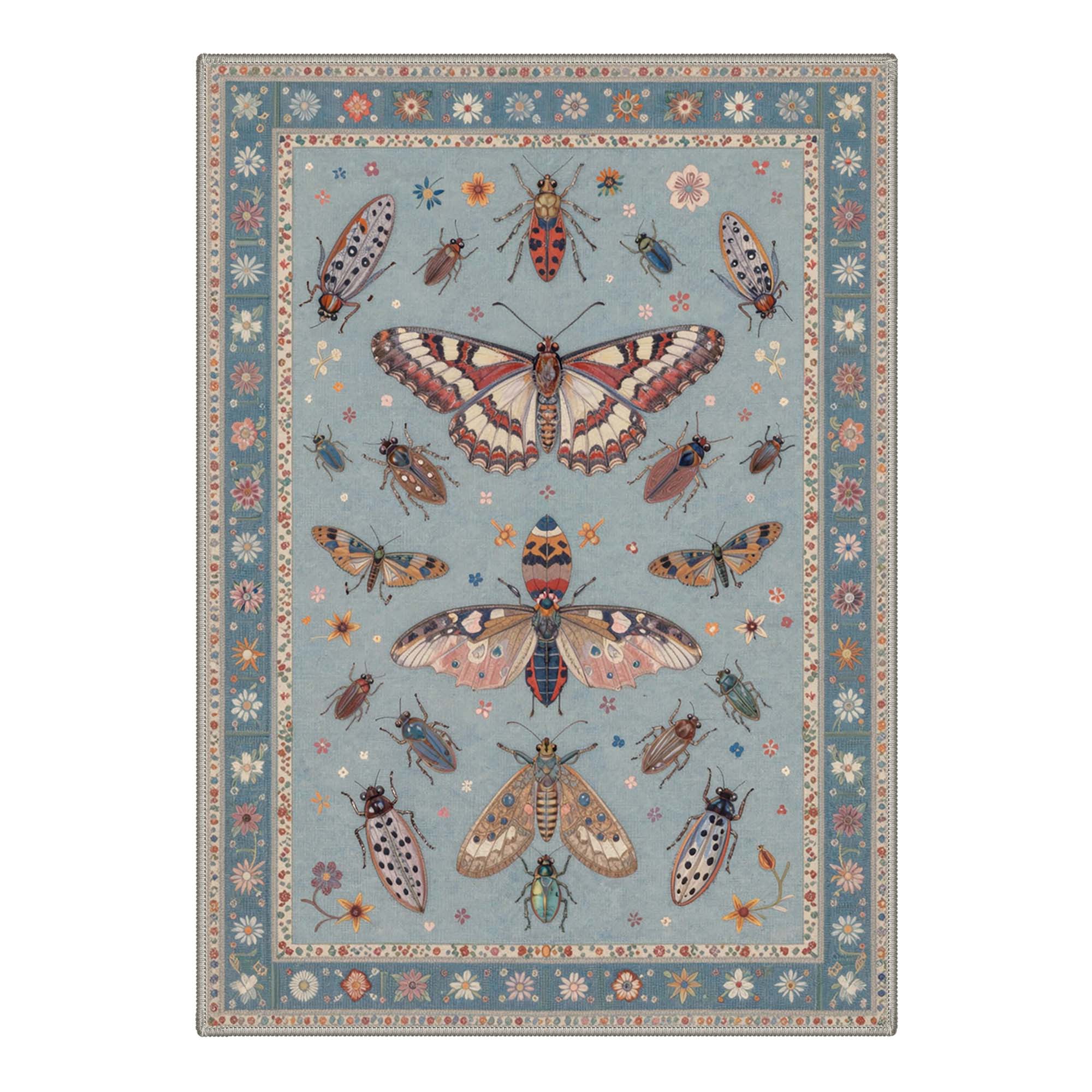 Vionnet Insect Rug Velune Boho Insect Floral Blue Rug - Washable | GENIMO