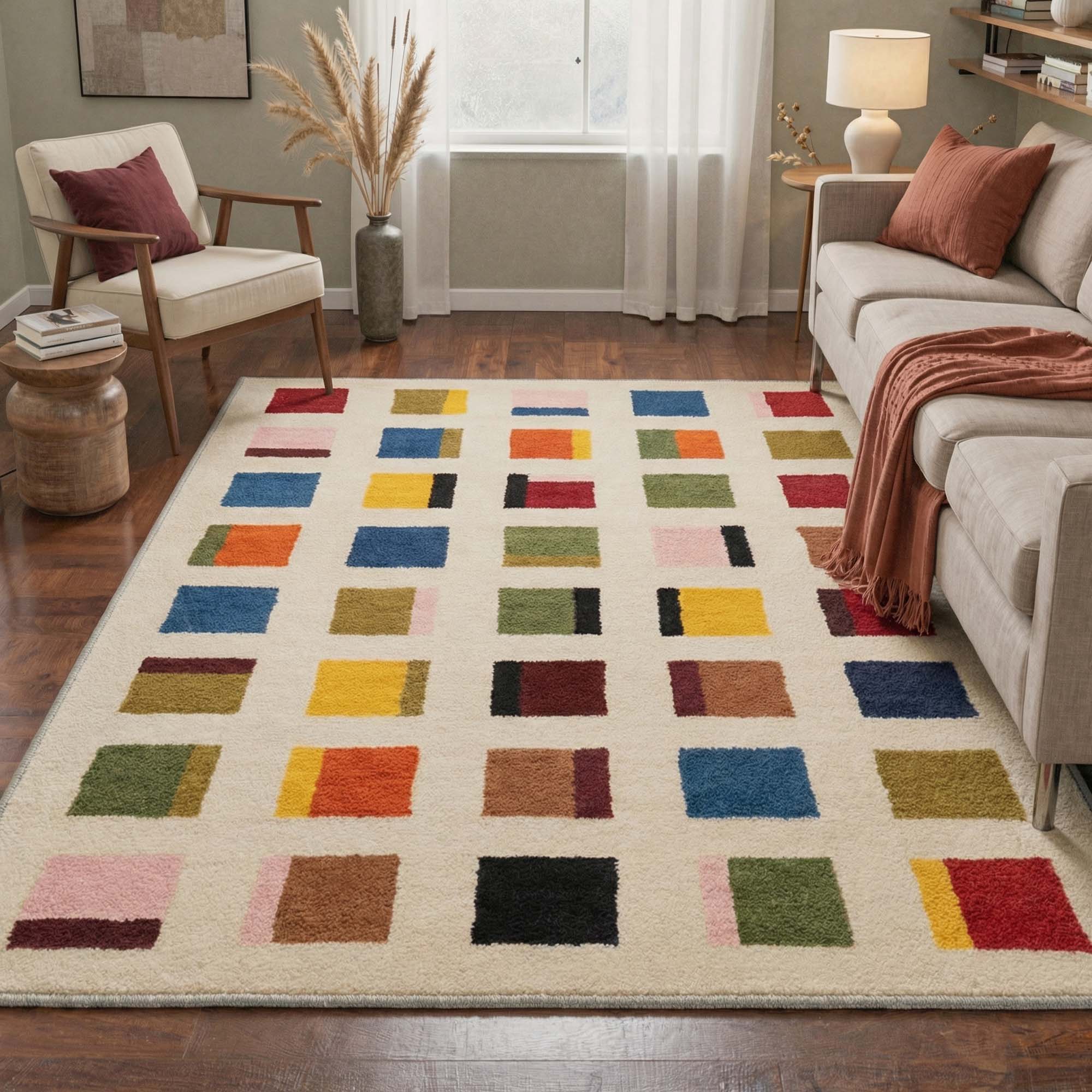 Salen Washable Morden Geometry Checkerboard Beige Rug 8x10