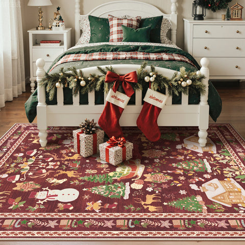 Alaric Christmas Washable Red Rugs with Santa and Pine