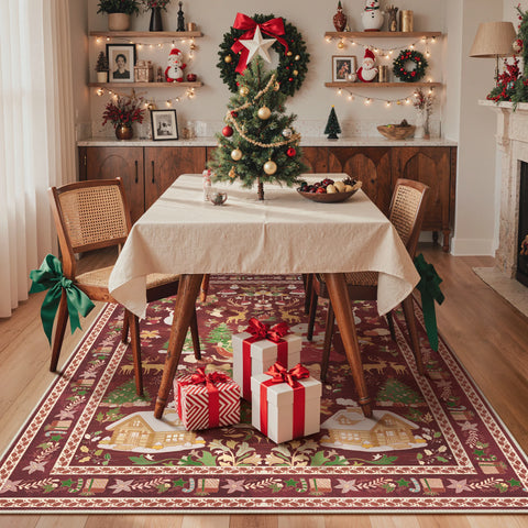 Alaric Christmas Washable Red Rugs with Santa and Pine
