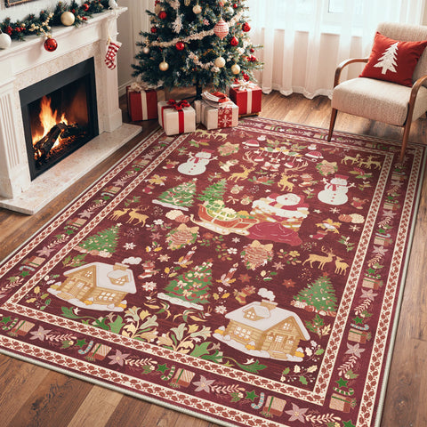 Alaric Christmas Washable Red Rugs with Santa and Pine
